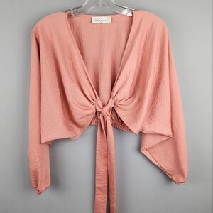 American Threads Pink Crop Top Tie-Front Kimono Sleeves